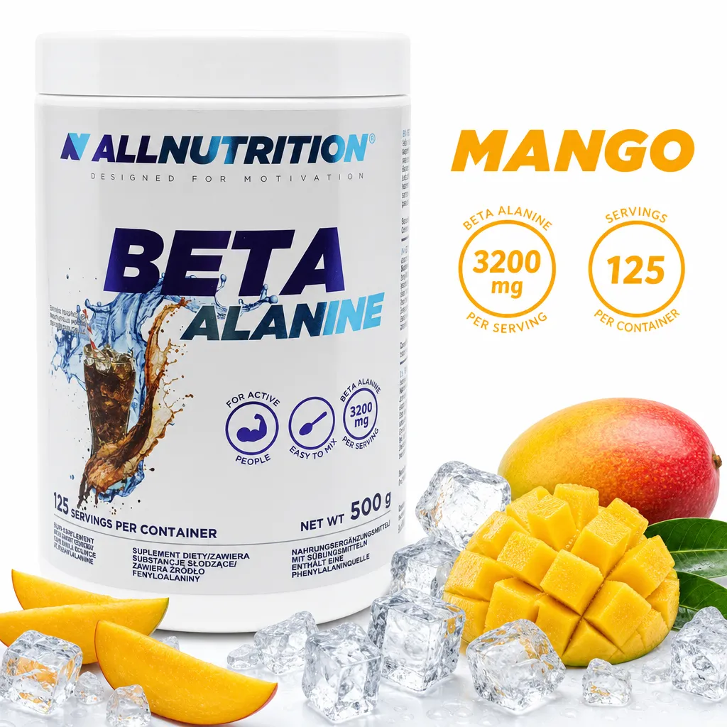 Allnutrition Beta-Alanine Endurance Max mango-flavoured powder supplement, 500g white tub with 3200mg per serving and 125 servings.