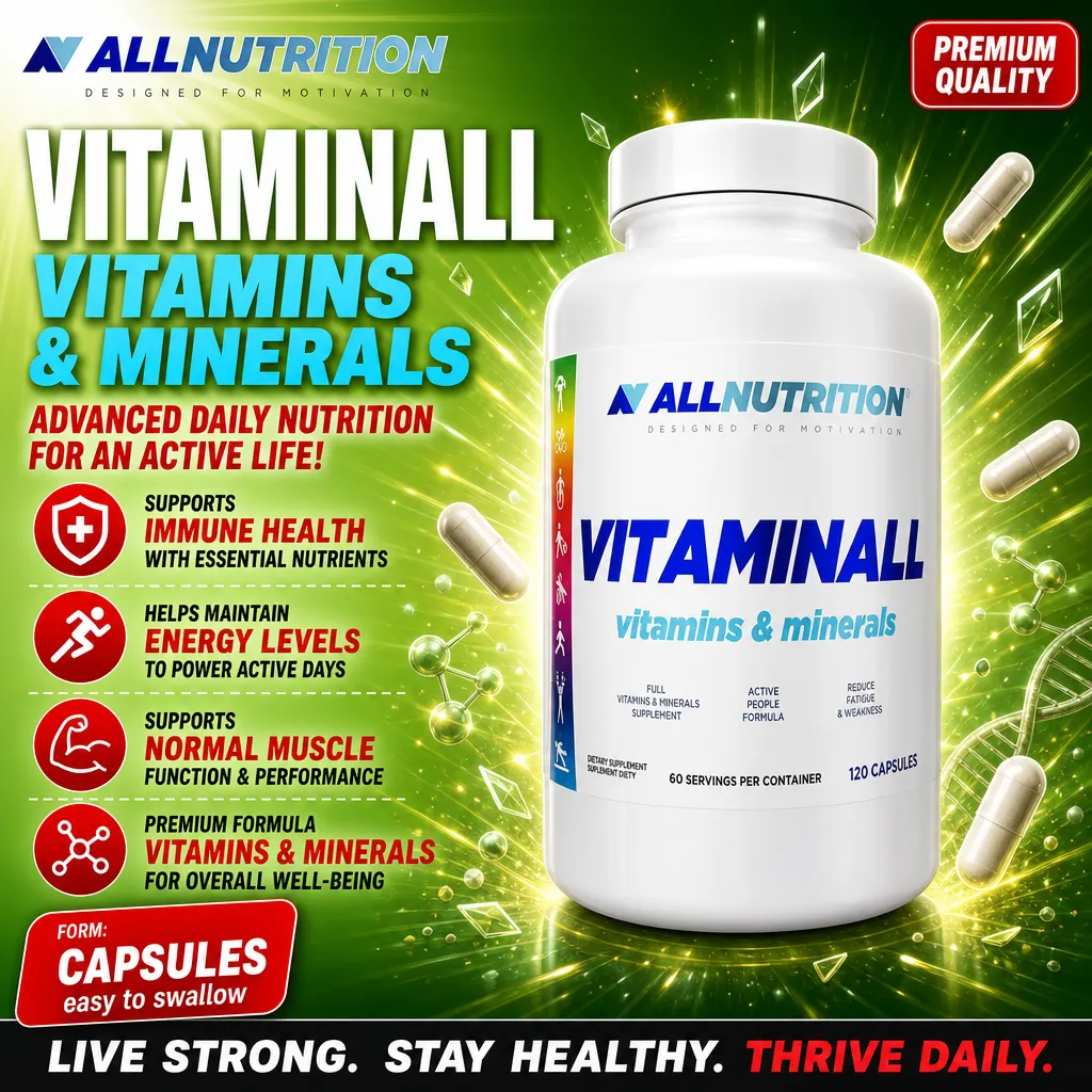 Allnutrition Vitaminall Vitamins & Minerals is a dietary supplement in capsule form, containing a blend of essential vitamins and minerals for daily nutrition and overall well-being. The bottle contains 120 capsules.