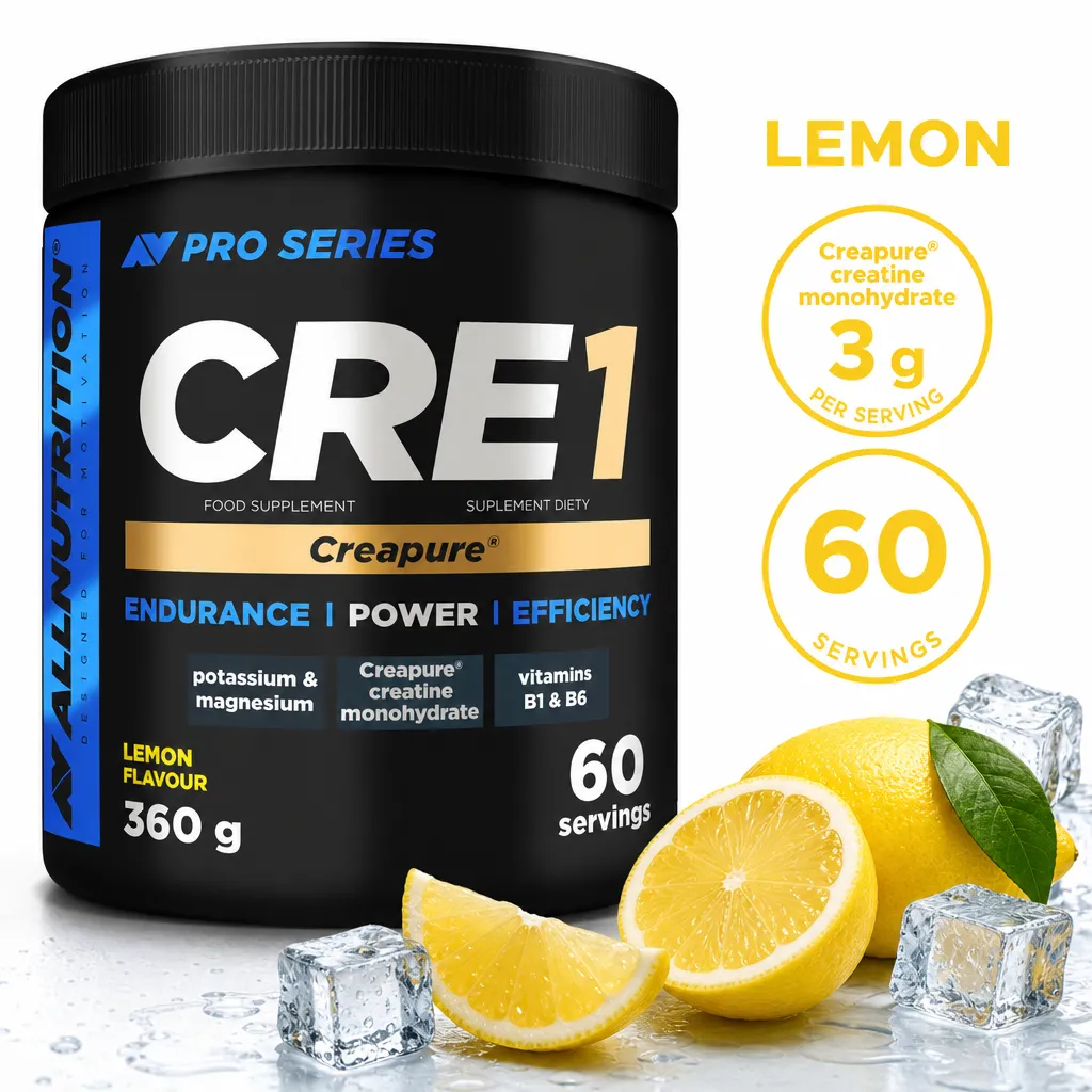 Allnutrition Pro Series CRE1 Creapure lemon-flavour creatine monohydrate powder, 360g, with electrolytes and vitamins B1 and B6.
