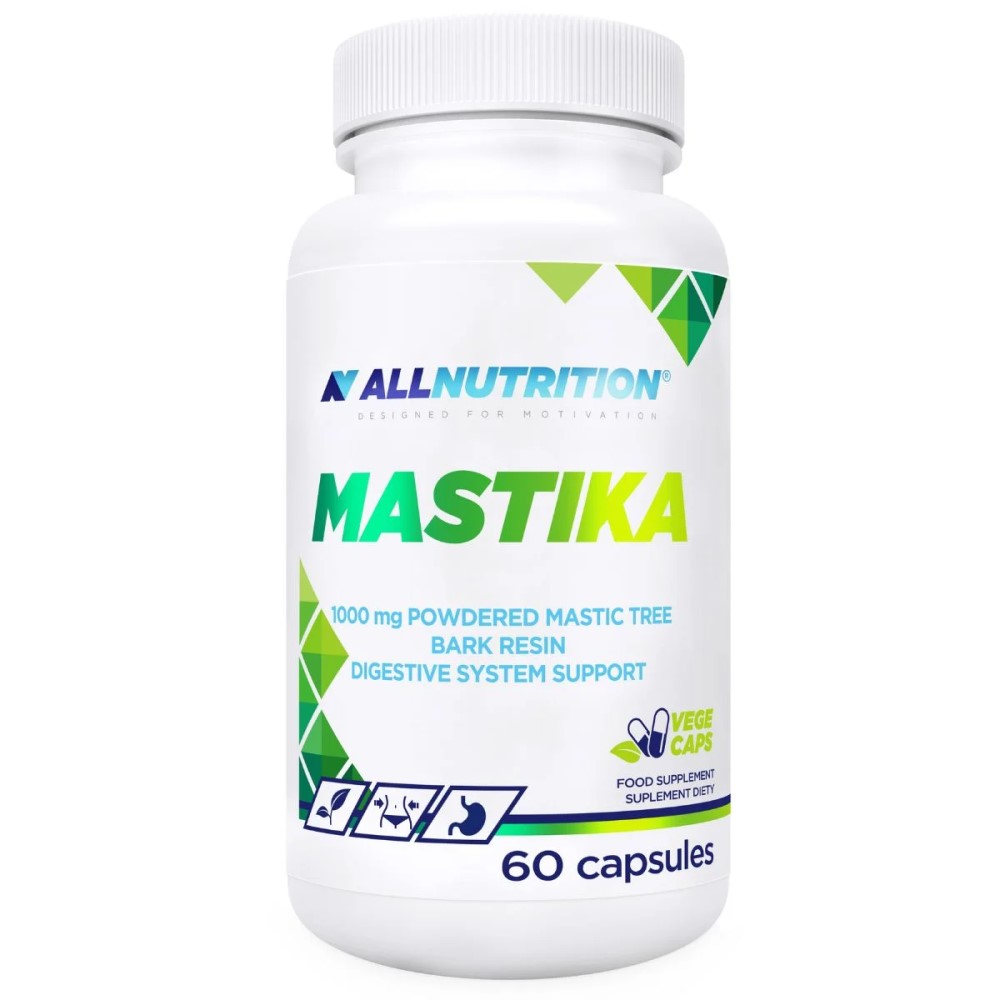 Allnutrition Mastika 60 Caps bottle with blue and white label, containing vegan mastic tree resin supplement capsules
