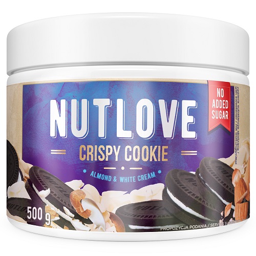 Allnutrition Nutlove Crispy Cookie almond and white cream spread, 500g jar, no added sugar, with cookie and almond imagery on the label.