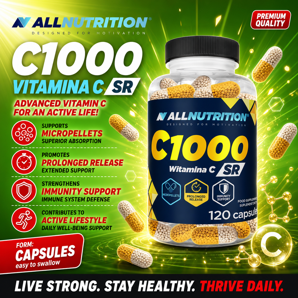 Allnutrition C1000 Witamina C SR vitamin C supplement in capsule form, 120 capsules, with micropellets for prolonged release and immunity support, in a blue and yellow bottle.