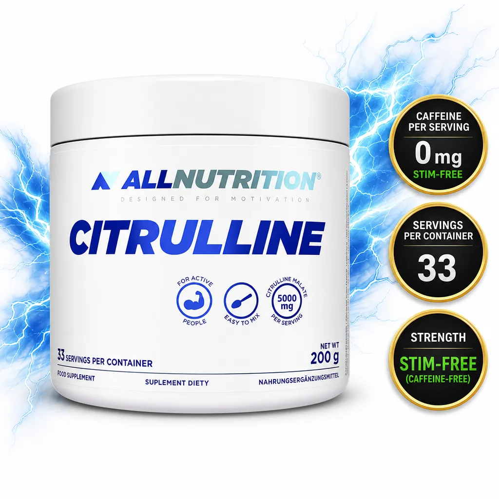 Allnutrition Citrulline 200g sports supplement powder in a white tub, featuring citrulline malate, 33 servings and stimulant-free formula
