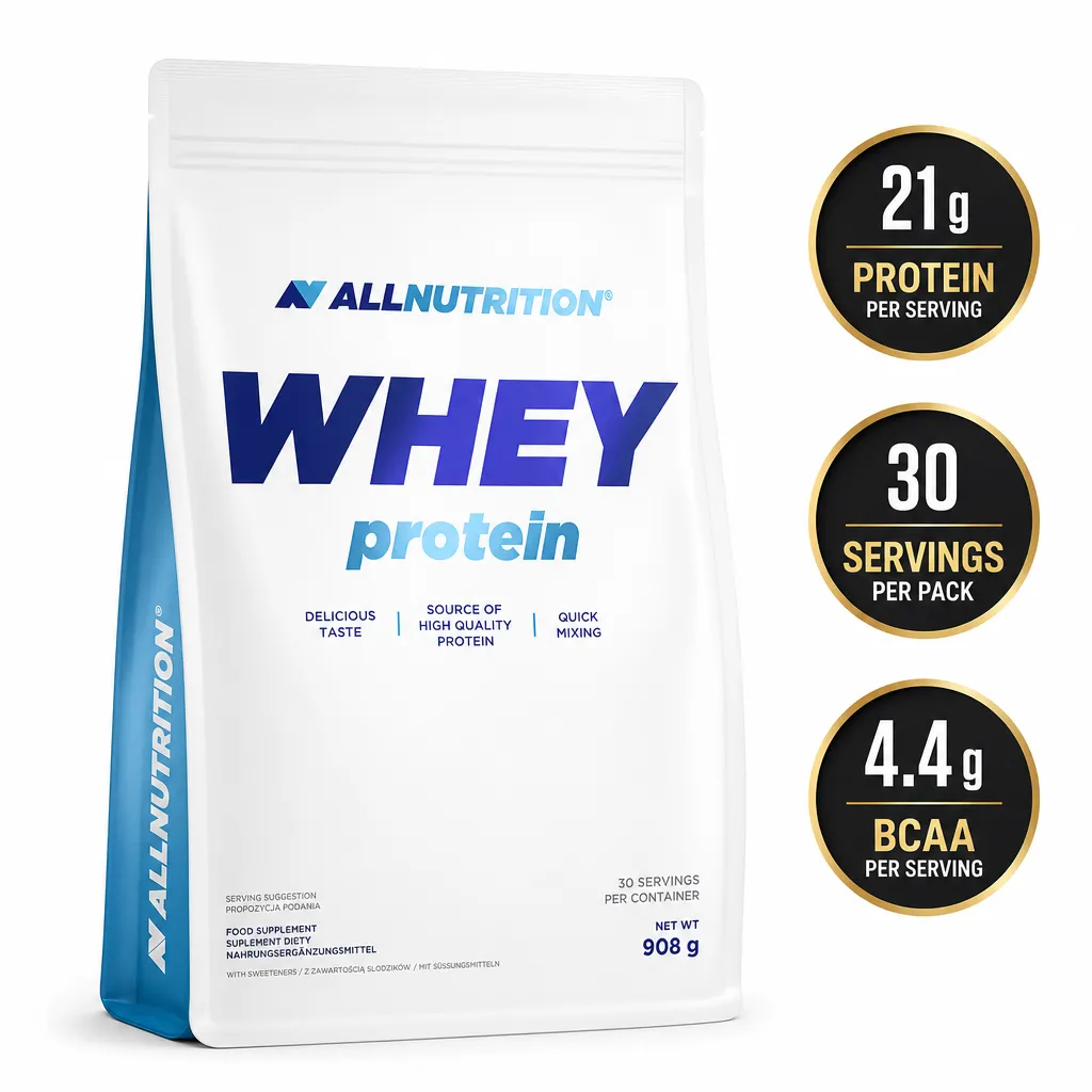 Allnutrition Whey Protein 908g whey protein supplement pouch with 21g protein per serving and 30 servings