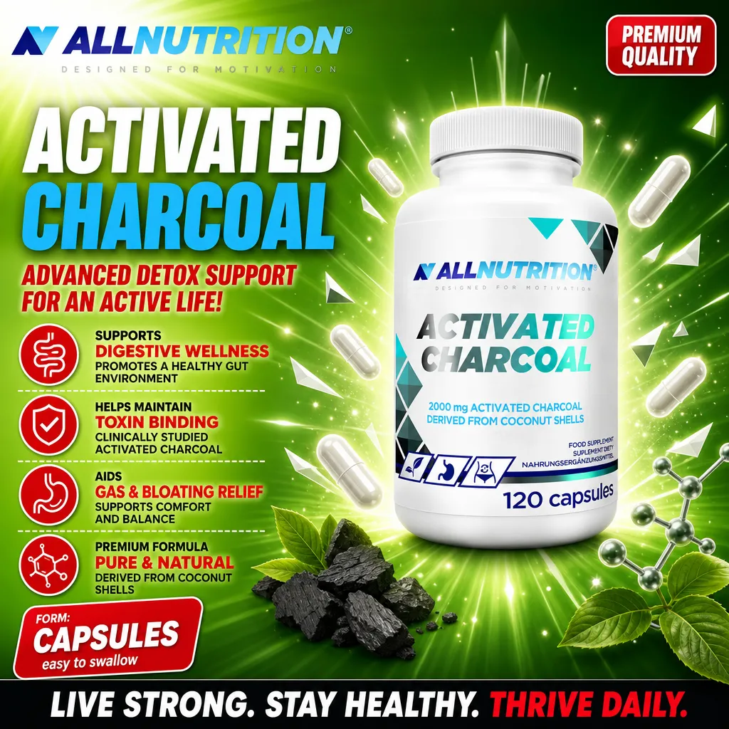 Allnutrition Activated Charcoal 120 capsules, a dietary supplement with 2000 mg activated charcoal derived from coconut shells, shown in a white bottle with green and blue accents, capsule form.