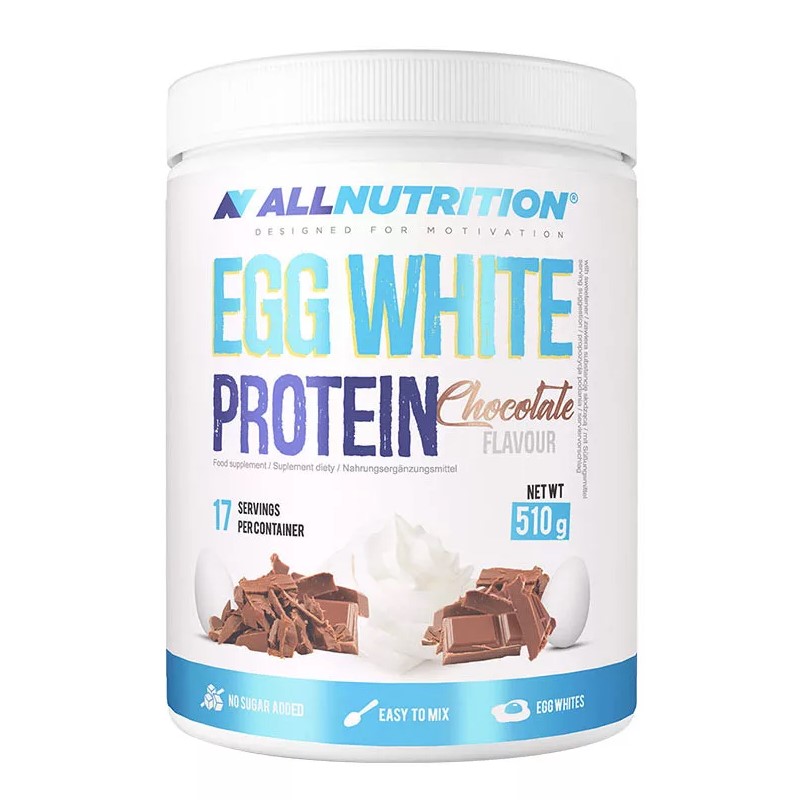 Allnutrition Egg White Protein 510g in a white and blue resealable pouch, featuring product branding and nutrition details.