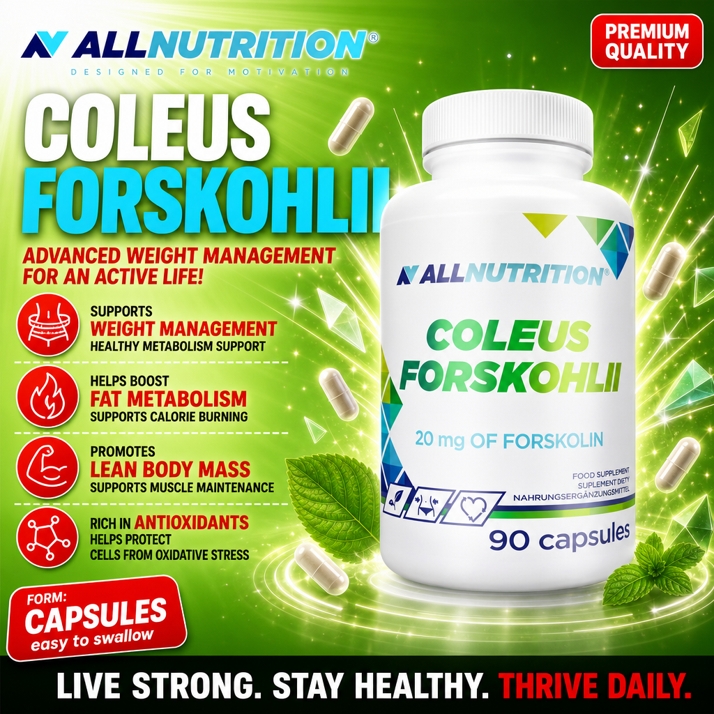 Allnutrition Coleus Forskohlii 90 capsules dietary supplement with 20 mg forskolin per capsule, designed to support weight management, fat metabolism, and lean body mass. The product is in capsule form and features a green-themed label.