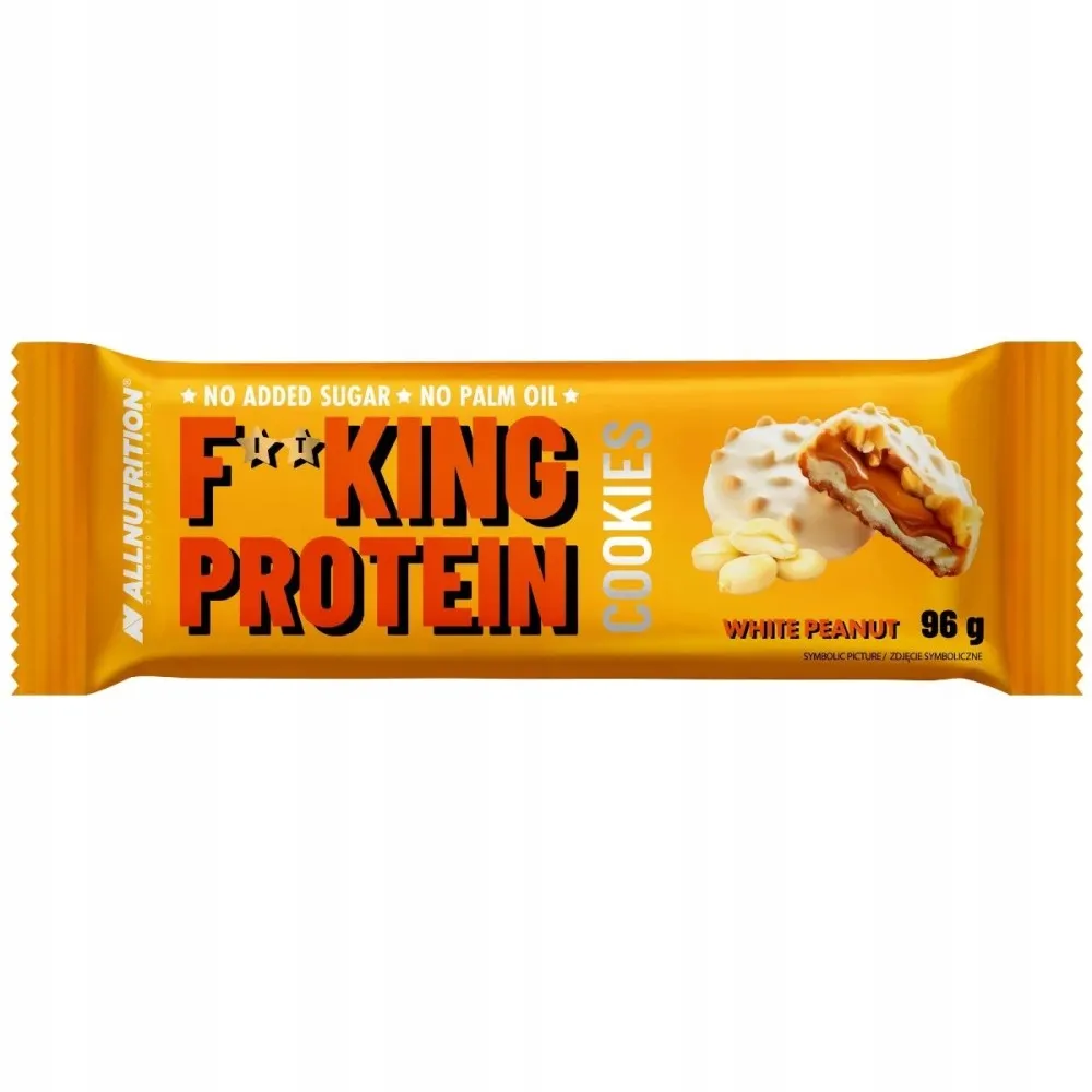 AllNutrition F**King Protein Cookies White Peanut 96g, high-protein cookie snack with white chocolate and peanut flavor, yellow packaging.