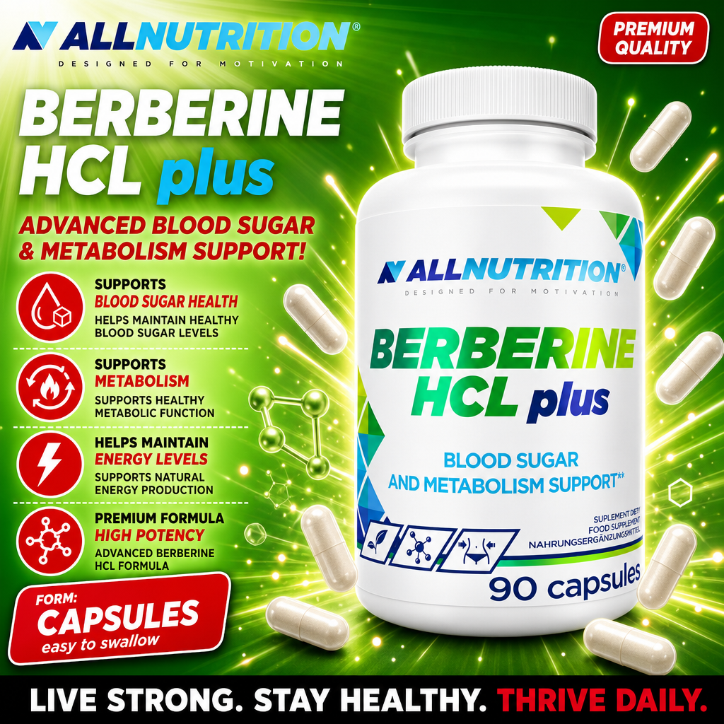 Allnutrition Berberine HCL Plus 90 Caps bottle, white plastic container with blue and green label, 90 capsules