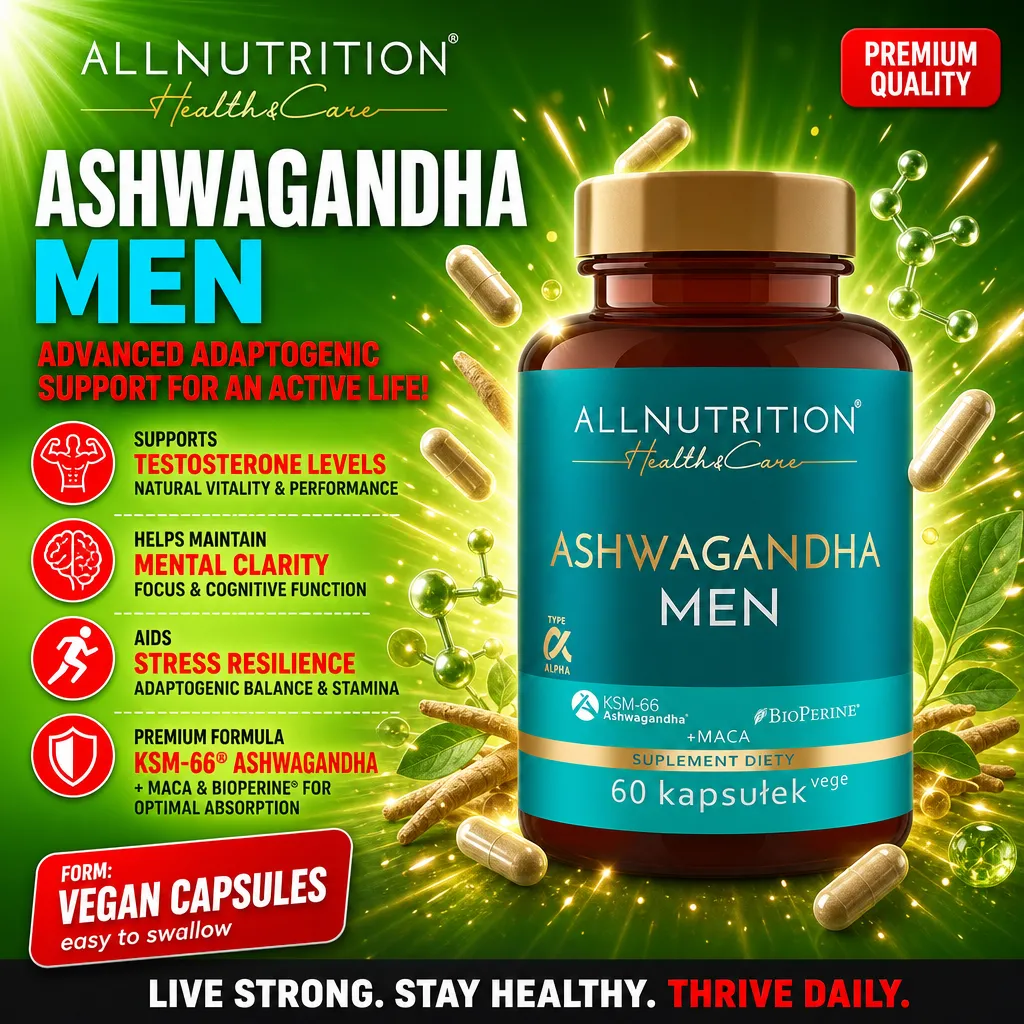 Allnutrition Health & Care Ashwagandha Men vegan capsules supplement for men, 60-count, with KSM-66 ashwagandha, maca, and BioPerine, in a green and gold bottle.