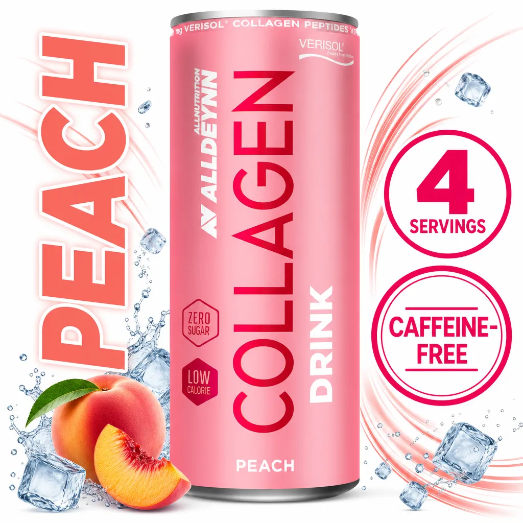 Allnutrition ALLDEYNN Collagen Drink 330ml x4, peach-flavoured collagen beverage in a pink can with zero sugar and low calories