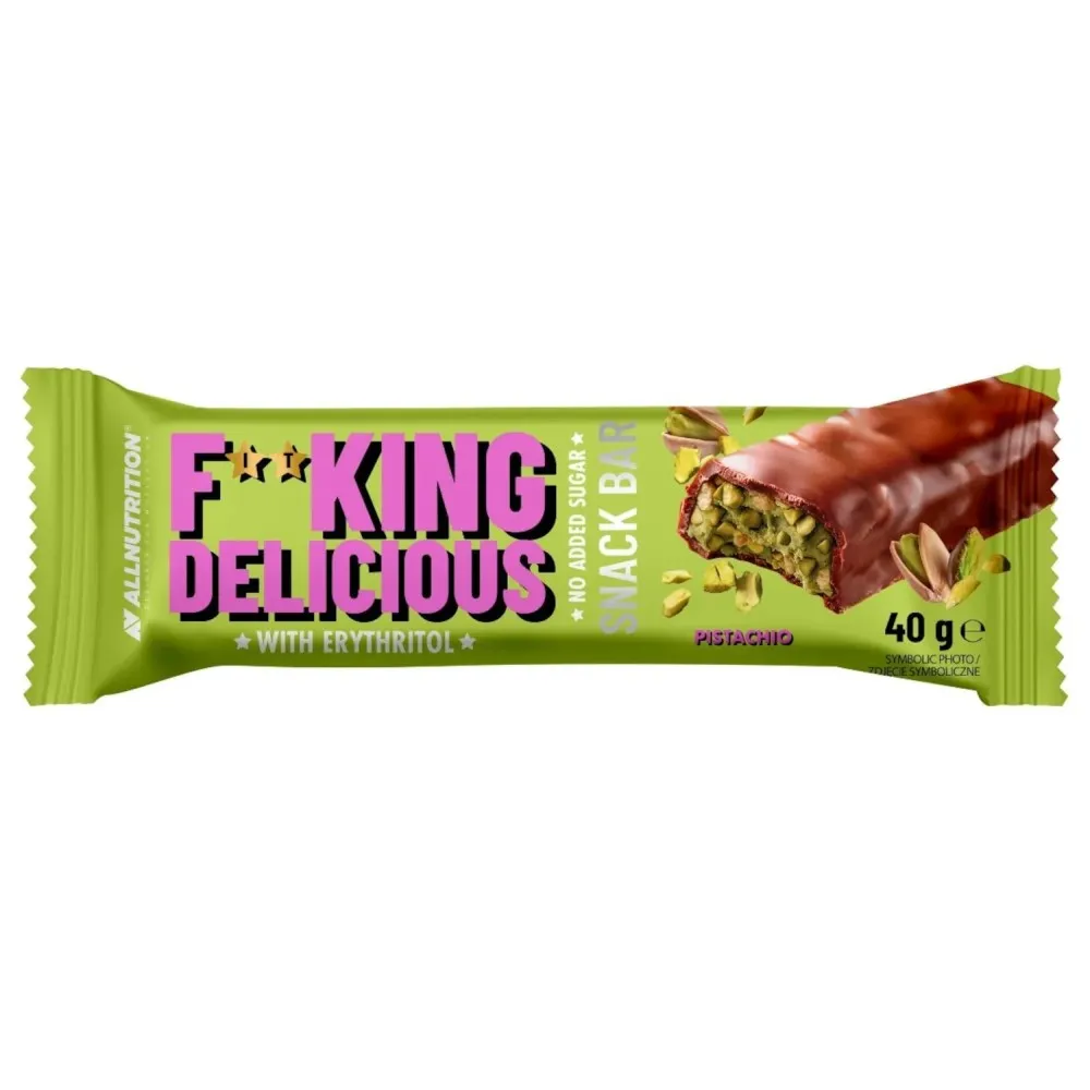 AllNutrition F**king Delicious Snack Bar pistachio flavour, 40g, no added sugar, with erythritol, green packaging with a chocolate-coated bar and pistachio pieces.