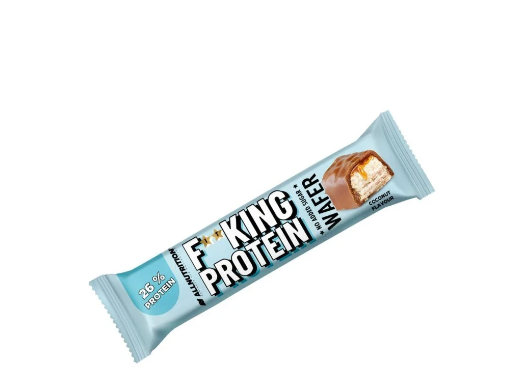 Allnutrition Fitking Protein Wafer coconut-flavour protein snack in a light blue single-serving wafer bar