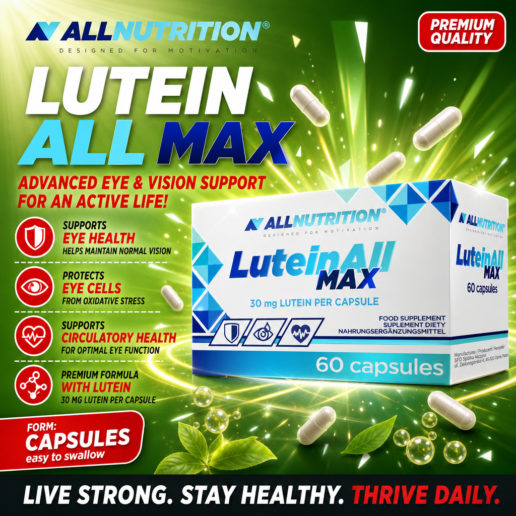 Allnutrition LuteinAll Max 60 capsules lutein supplement for eye and vision support, 30 mg lutein per capsule, premium formula, green-themed packaging.