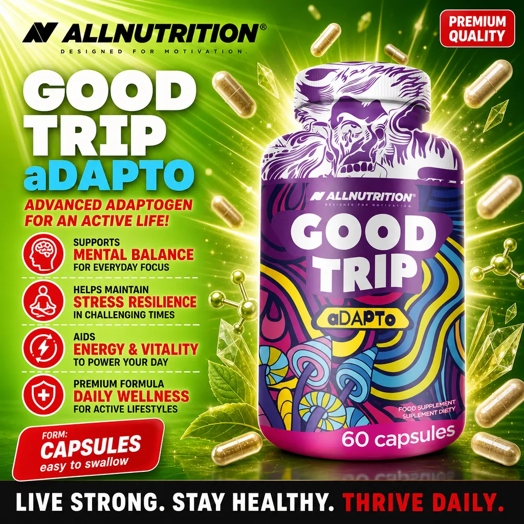 Allnutrition Good Trip aDAPTO 60 capsules adaptogen supplement for mental balance, stress resilience, and daily wellness, in a colorful purple and yellow bottle.