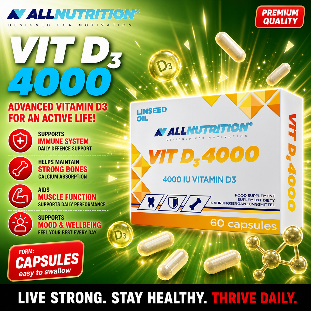Allnutrition Vit D3 4000 vitamin D3 supplement in capsule form, 60 capsules per pack, 4000 IU strength, with linseed oil, for immune system, bones, muscle function, and wellbeing.