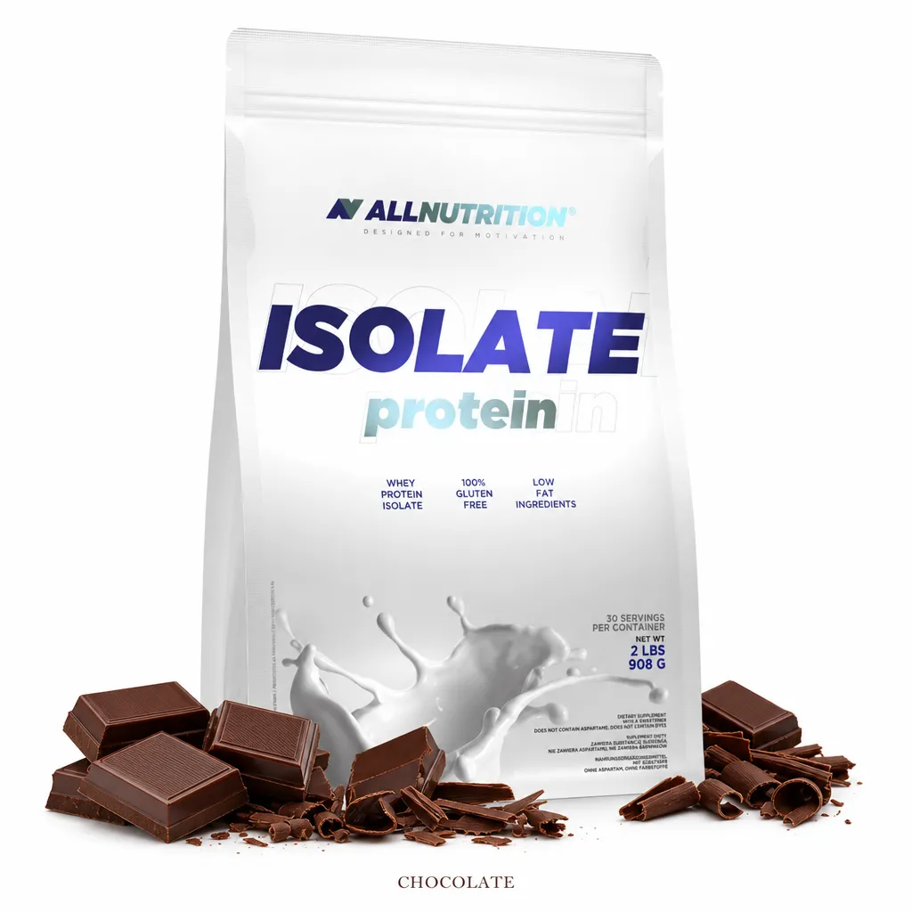 Allnutrition Isolate Protein 908g chocolate flavour whey protein isolate supplement, gluten-free, low fat, high protein content, in a resealable pouch with chocolate pieces.