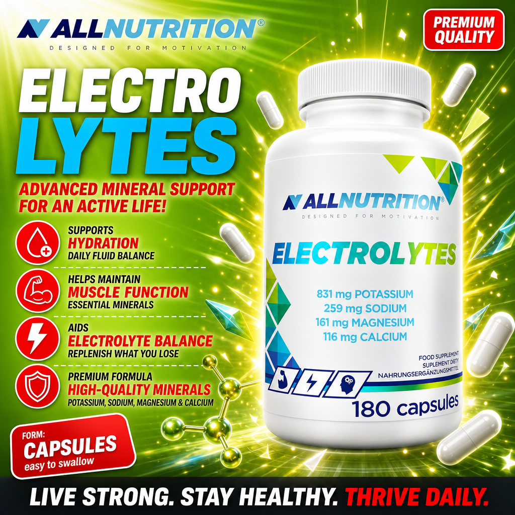 Allnutrition Electrolytes 180 Caps bottle, white plastic container with blue and silver label, 180 capsules