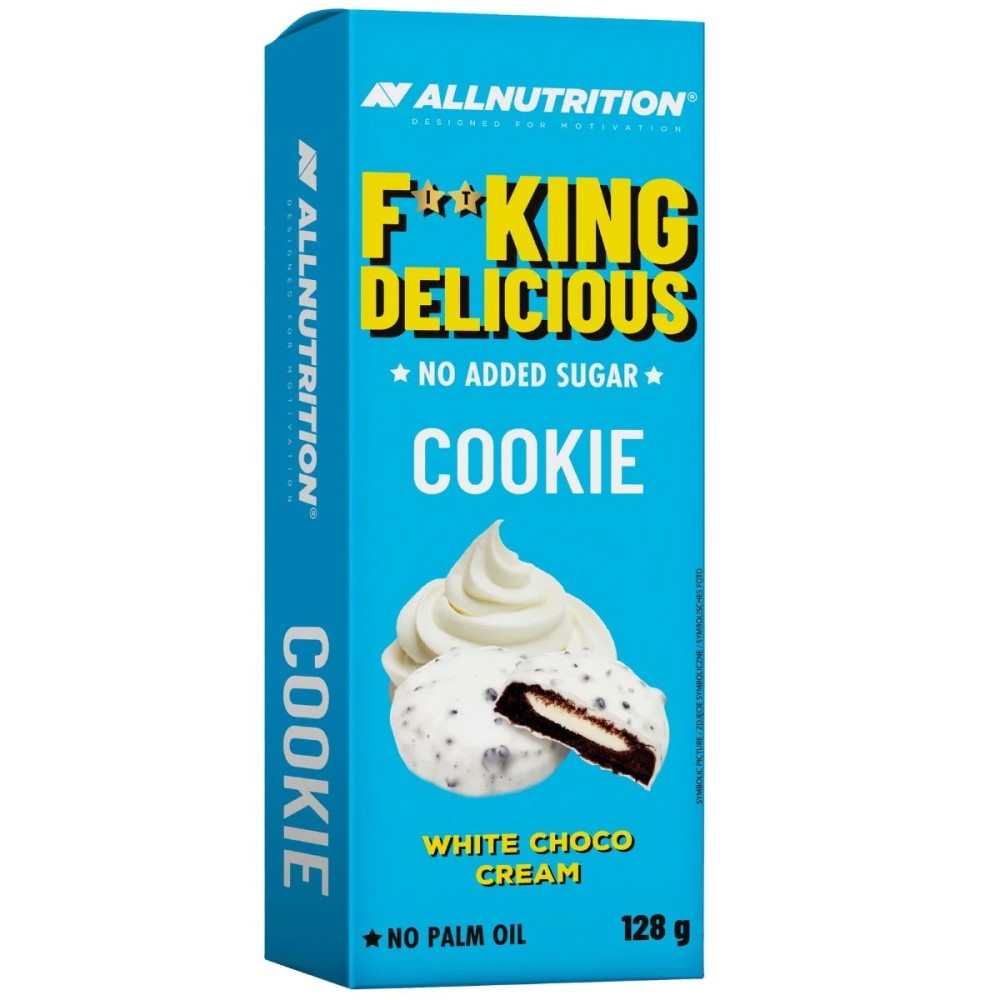 Allnutrition Fitking Delicious Cookie 128g white choco cream, no added sugar, no palm oil, protein snack in a blue box with cream and cookie image.