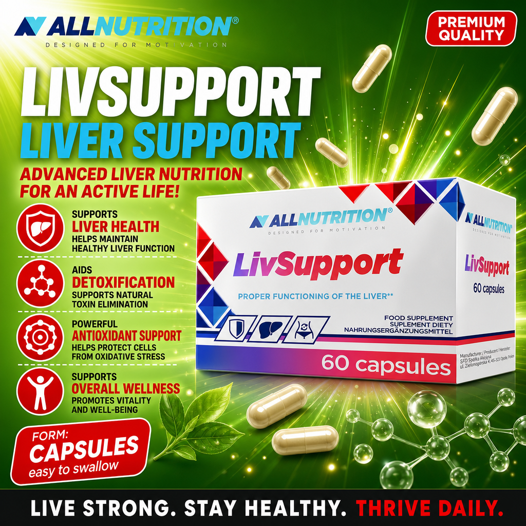 Allnutrition LivSupport 60 capsules liver support supplement, designed to aid liver health, detoxification, and antioxidant support, in capsule form with a green and white box.