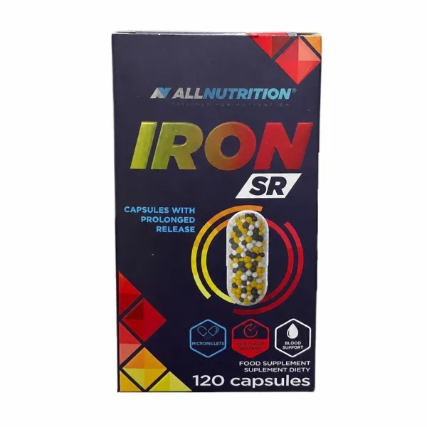 Allnutrition Iron SR 120 capsules prolonged release iron supplement with micropellets for blood support, in a dark box with geometric red and yellow accents.