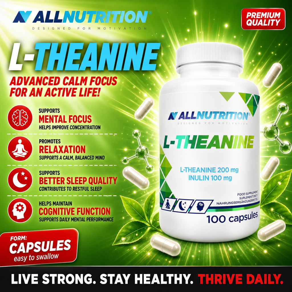 Allnutrition L-Theanine 100 Caps bottle, white plastic container with blue and green label, 100 capsules