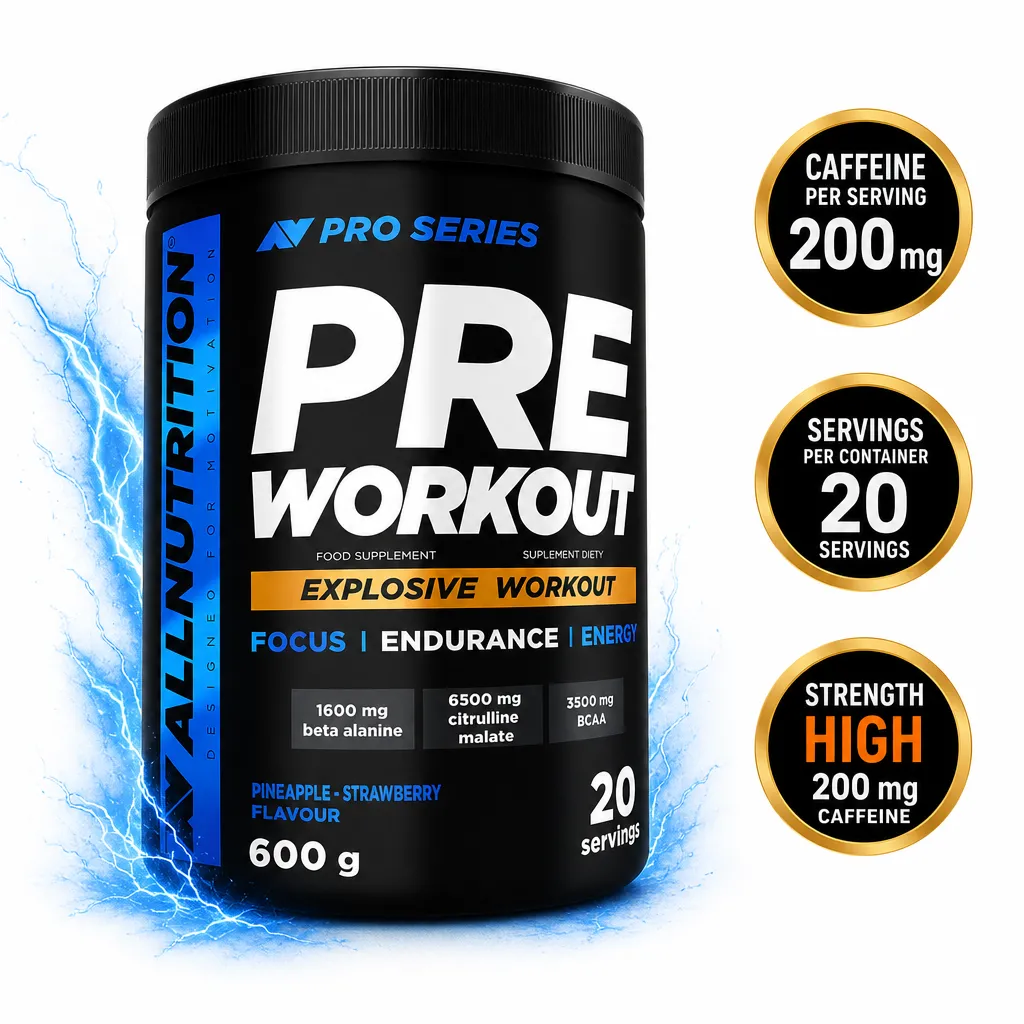 Allnutrition Pre Workout 600g pre-workout powder supplement in a black tub, pineapple-strawberry flavour, with 20 servings