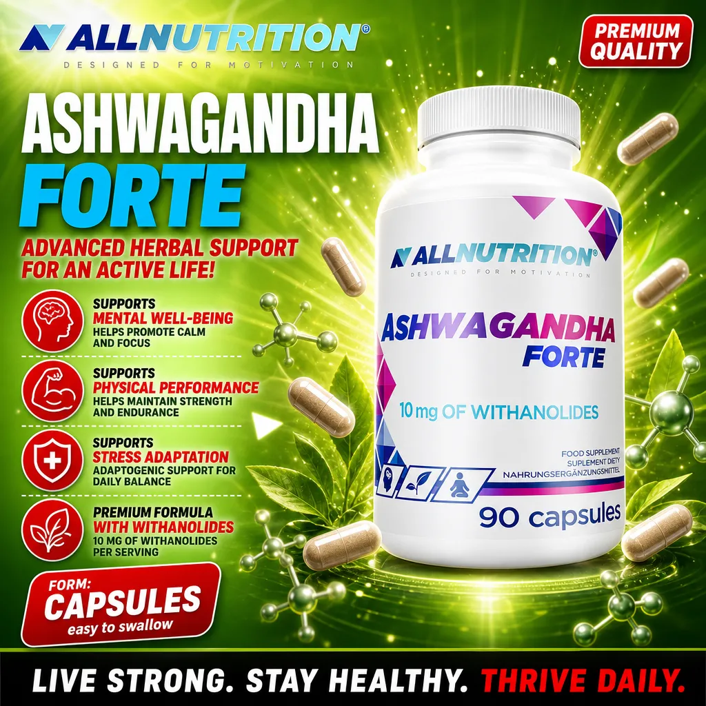 Allnutrition Ashwagandha Forte herbal supplement, 90 capsules with 10 mg of withanolides per serving, designed to support mental well-being, physical performance, and stress adaptation. White bottle with blue and purple accents on a green background.
