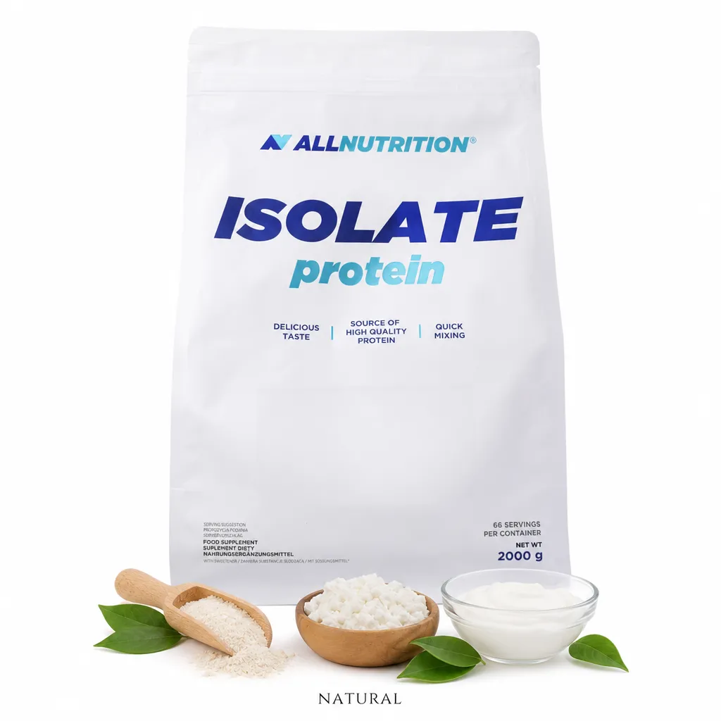 Allnutrition Isolate Protein 2000g natural flavour whey protein isolate supplement, high protein content, low sugar and fat, gluten-free, in a white resealable pouch with protein ingredients displayed.