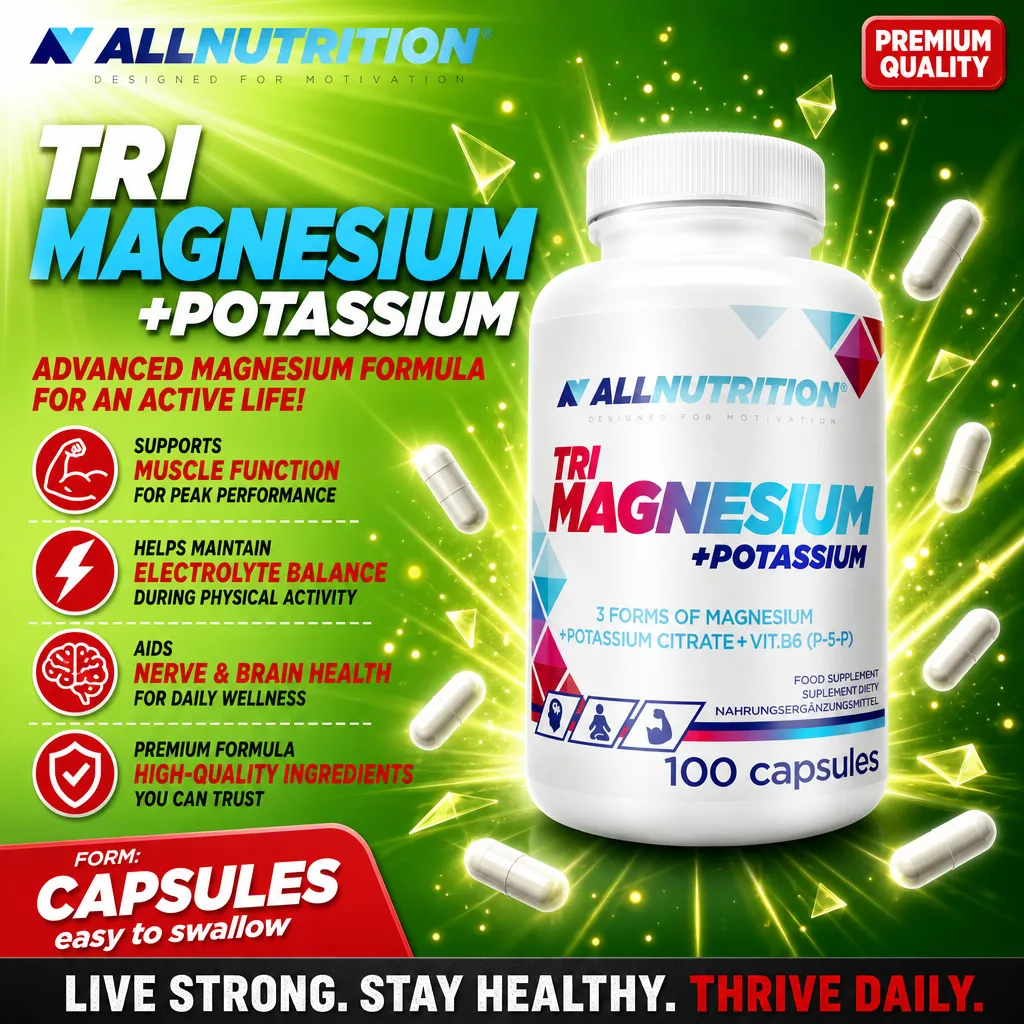 Allnutrition TRI Magnesium + Potassium 100 capsules, a dietary supplement with three forms of magnesium, potassium citrate, and vitamin B6, designed to support muscle function, electrolyte balance, and nerve health. White bottle with blue and magenta text