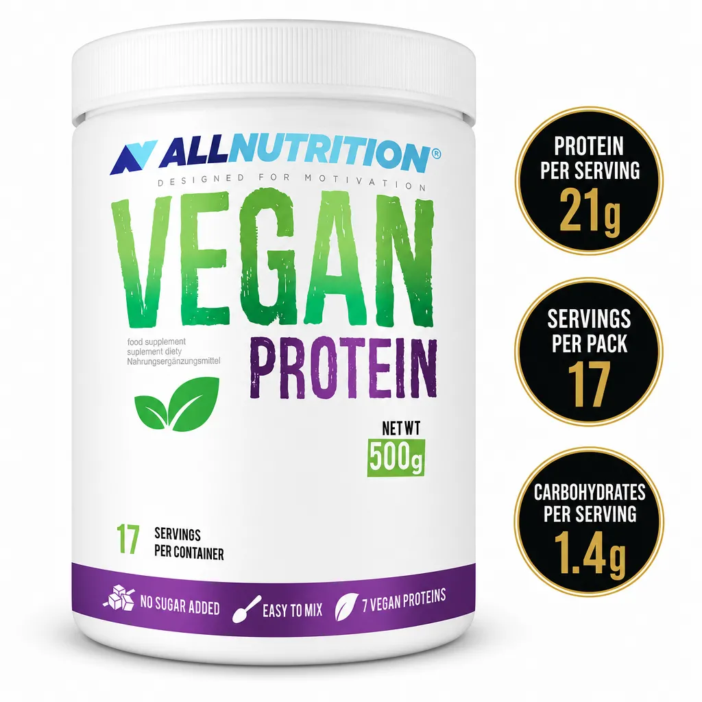 Allnutrition Vegan Protein 500g plant-based protein supplement in a white tub with 17 servings and no added sugar