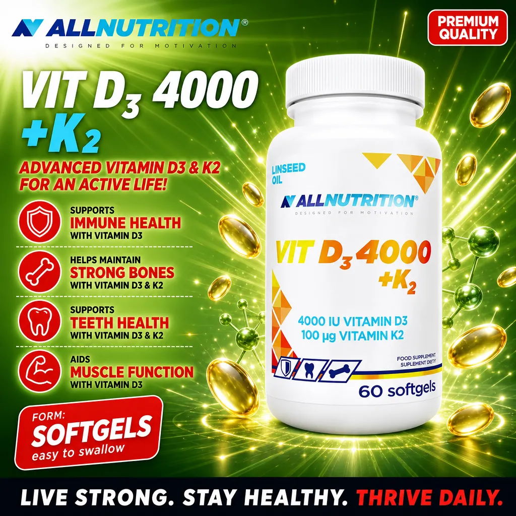 Allnutrition Vit D3 4000 + K2 Linseed Oil 60 softgels, a vitamin D3 and K2 supplement in softgel form, supporting immune health, bone strength, teeth health, and muscle function.