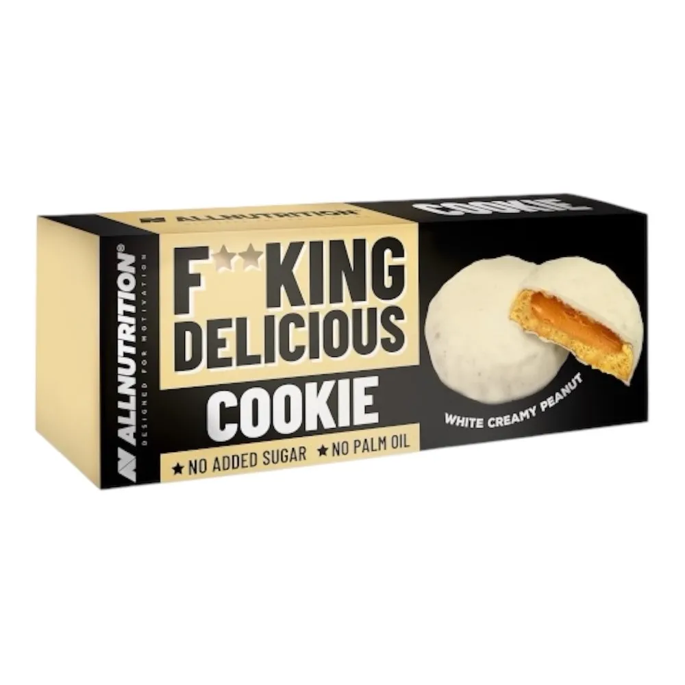 Allnutrition Fitking Delicious Cookie White Creamy Peanut 128g, a high-protein, no added sugar, palm oil-free snack with a white chocolate coating and peanut filling.