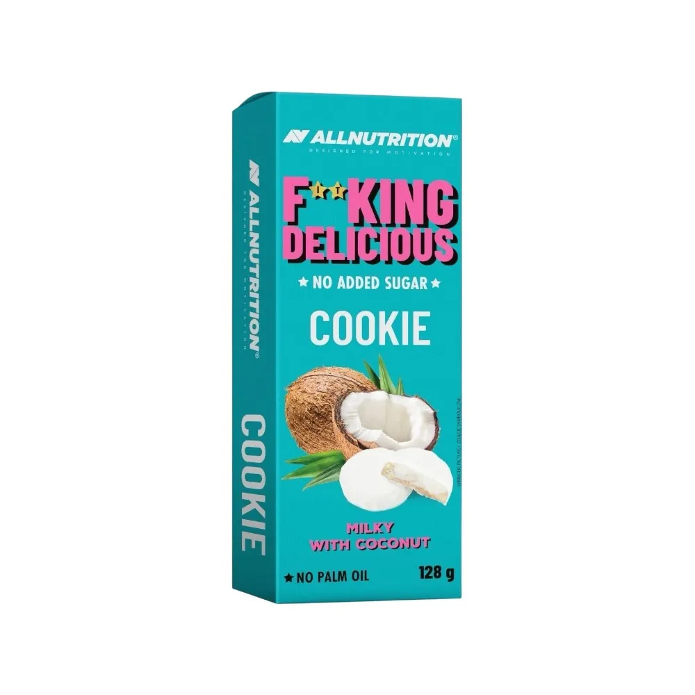 Allnutrition Fitking Delicious Cookie 128g Milky Coconut is a no added sugar, palm oil-free cookie with a milky coconut flavor, ideal for healthy snacking.
