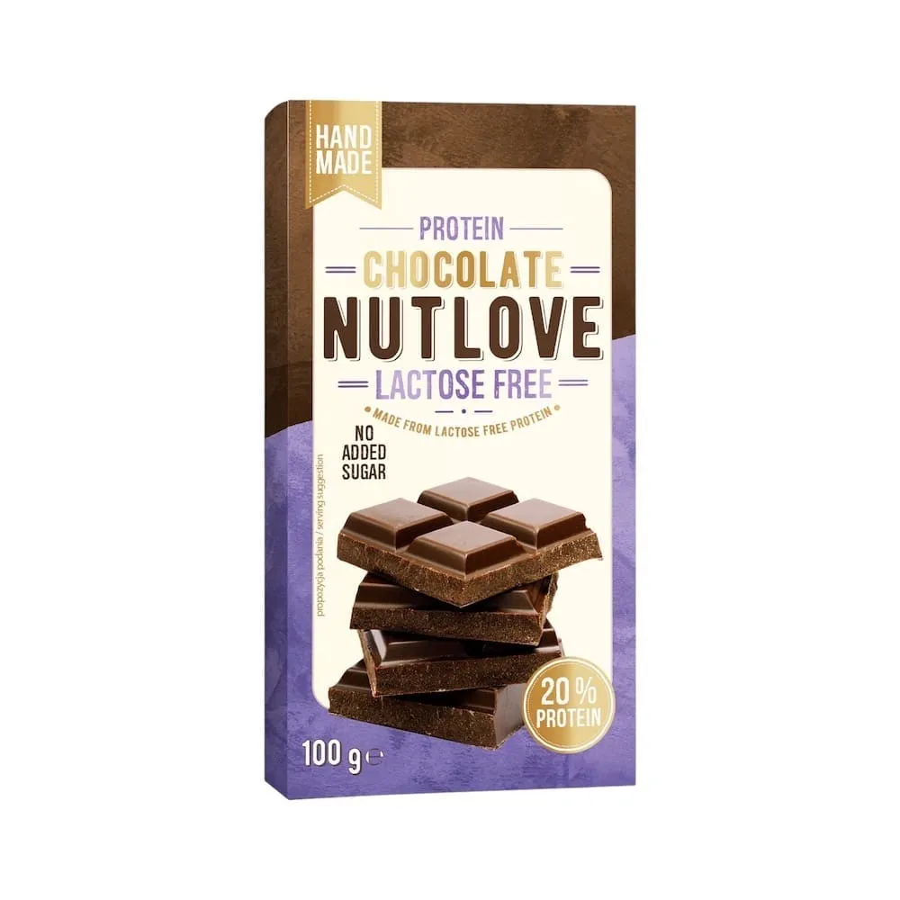 Allnutrition Handmade Protein Chocolate 100g Lactose Free is a high-protein, lactose-free chocolate bar with no added sugar, made with whey protein isolate and rich cocoa.