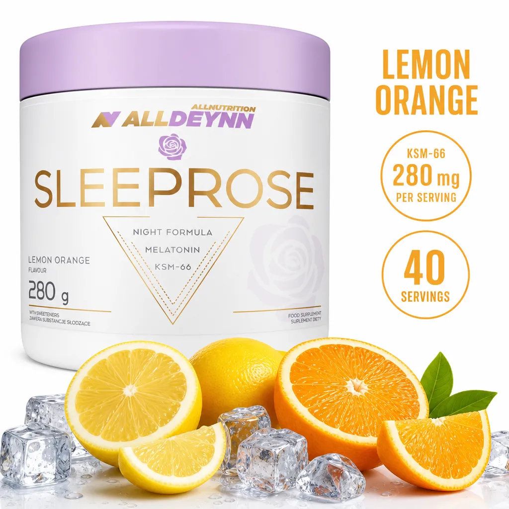 Allnutrition ALLDEYNN Sleeprose lemon orange sleep support powder, 280g tub with melatonin and KSM-66, shown with citrus fruit and ice.