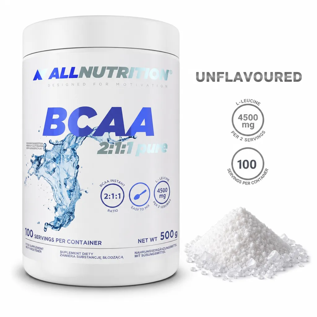Allnutrition BCAA 2:1:1 Pure 500g unflavoured branched-chain amino acid supplement with fine white powder.