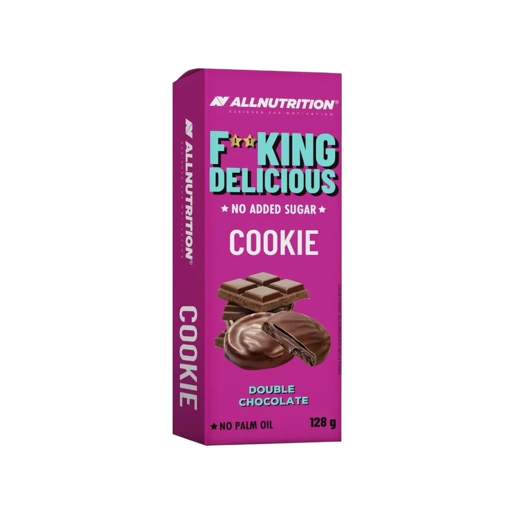 Allnutrition Fitking Delicious Cookie Double Chocolate 128g, a no added sugar, double chocolate protein cookie snack in a purple box, suitable for health-conscious diets.