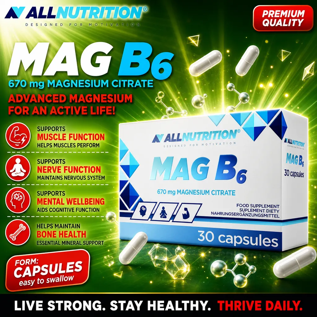 Allnutrition Mag B6 30 capsules magnesium citrate supplement for muscle, nerve, and bone health, in capsule form, with blue and green packaging.
