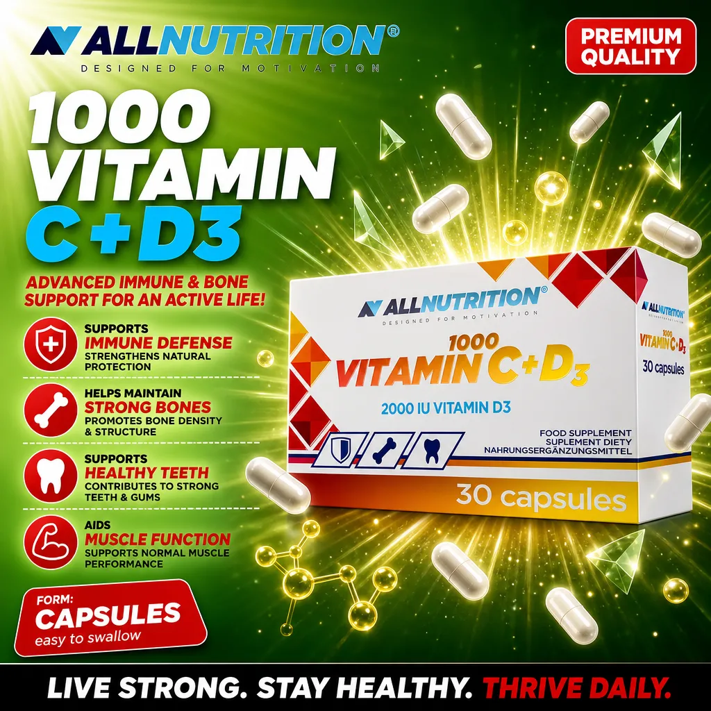 Allnutrition 1000 Vitamin C+D3 30 capsules, a food supplement with vitamin C and D3 for immune and bone support, in capsule form, with a white and orange box.