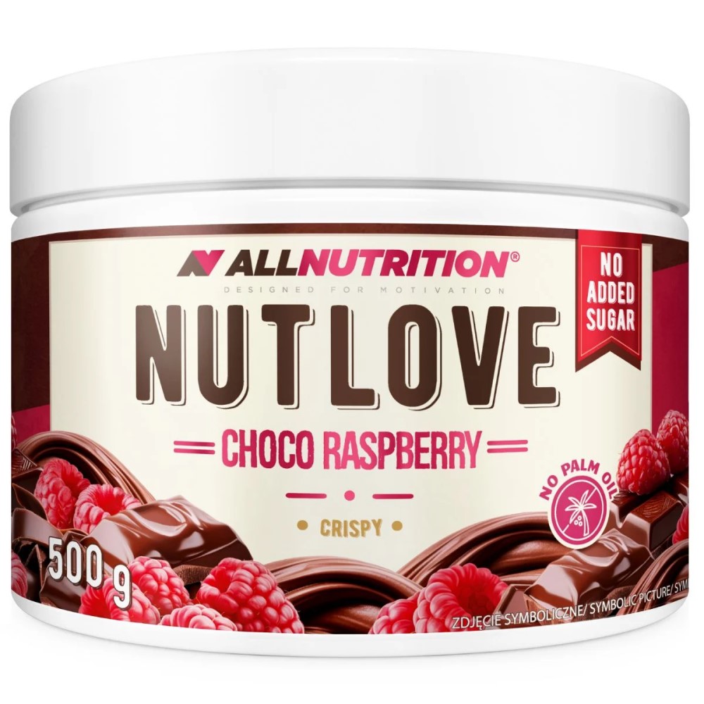 Allnutrition NUTLOVE 500g Choco Raspberry Crispy jar with chocolate spread and raspberry pieces, 500g size