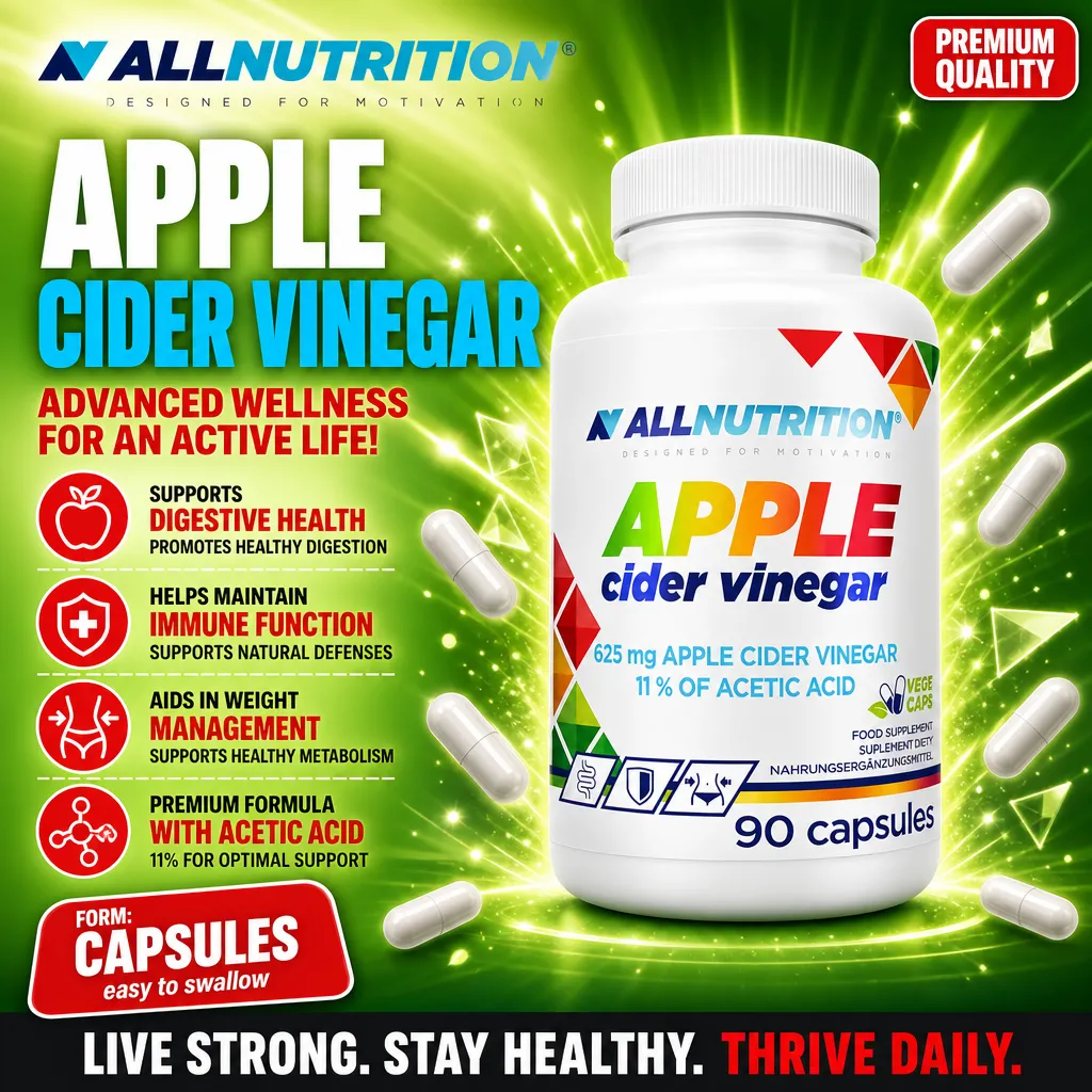 Allnutrition Apple Cider Vinegar 90 capsules dietary supplement with 625 mg apple cider vinegar and 11% acetic acid, in easy-to-swallow vege caps, for digestive health and weight management.
