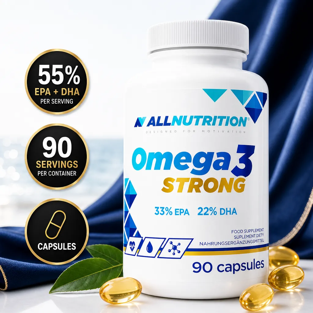 Allnutrition Omega 3 Strong dietary supplement with 90 fish oil capsules, 33% EPA and 22% DHA, in a white bottle