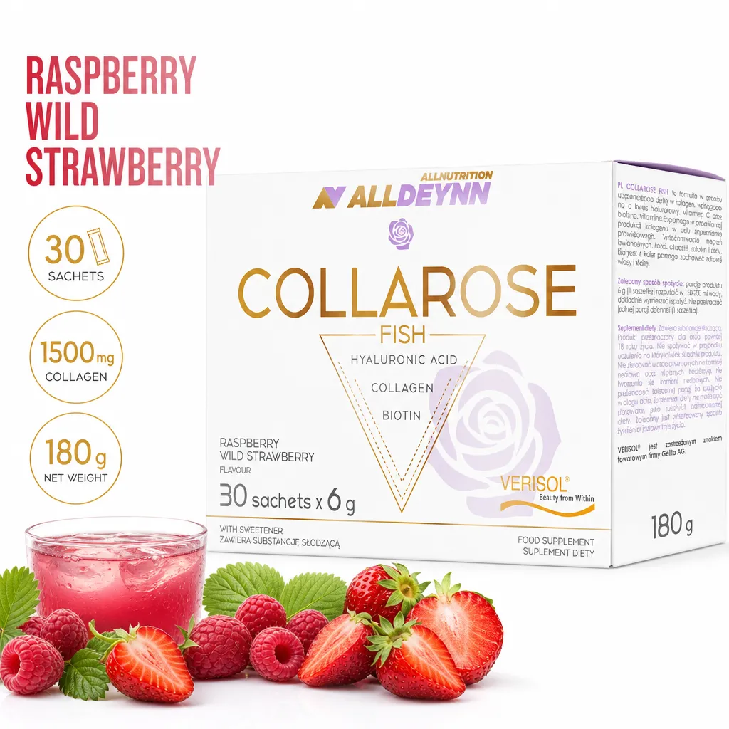Allnutrition ALLDEYNN Collarose Fish sachets, raspberry wild strawberry flavour, 30 x 6 g collagen supplement