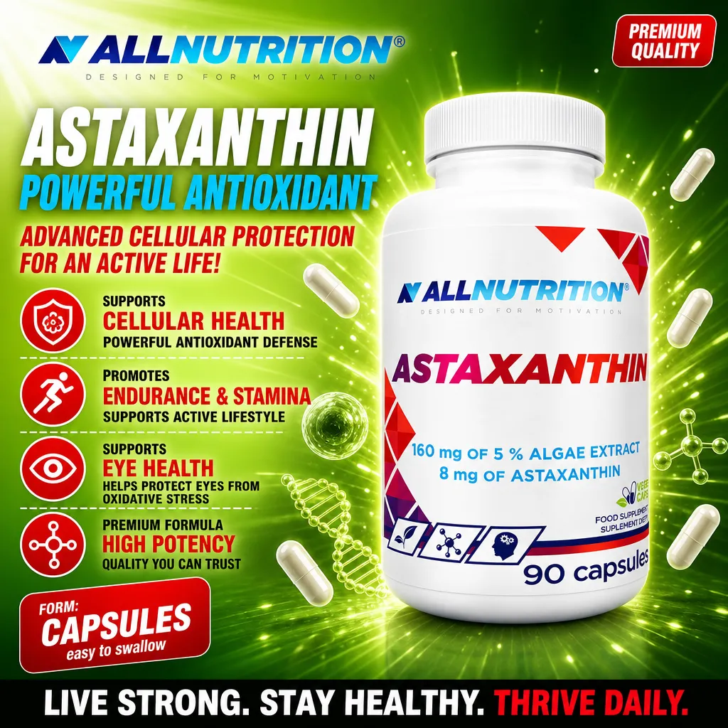 Allnutrition Astaxanthin 90 capsules, a powerful antioxidant supplement with 160 mg of 5% algae extract and 8 mg of astaxanthin, designed to support cellular health, endurance, stamina, and eye health.
