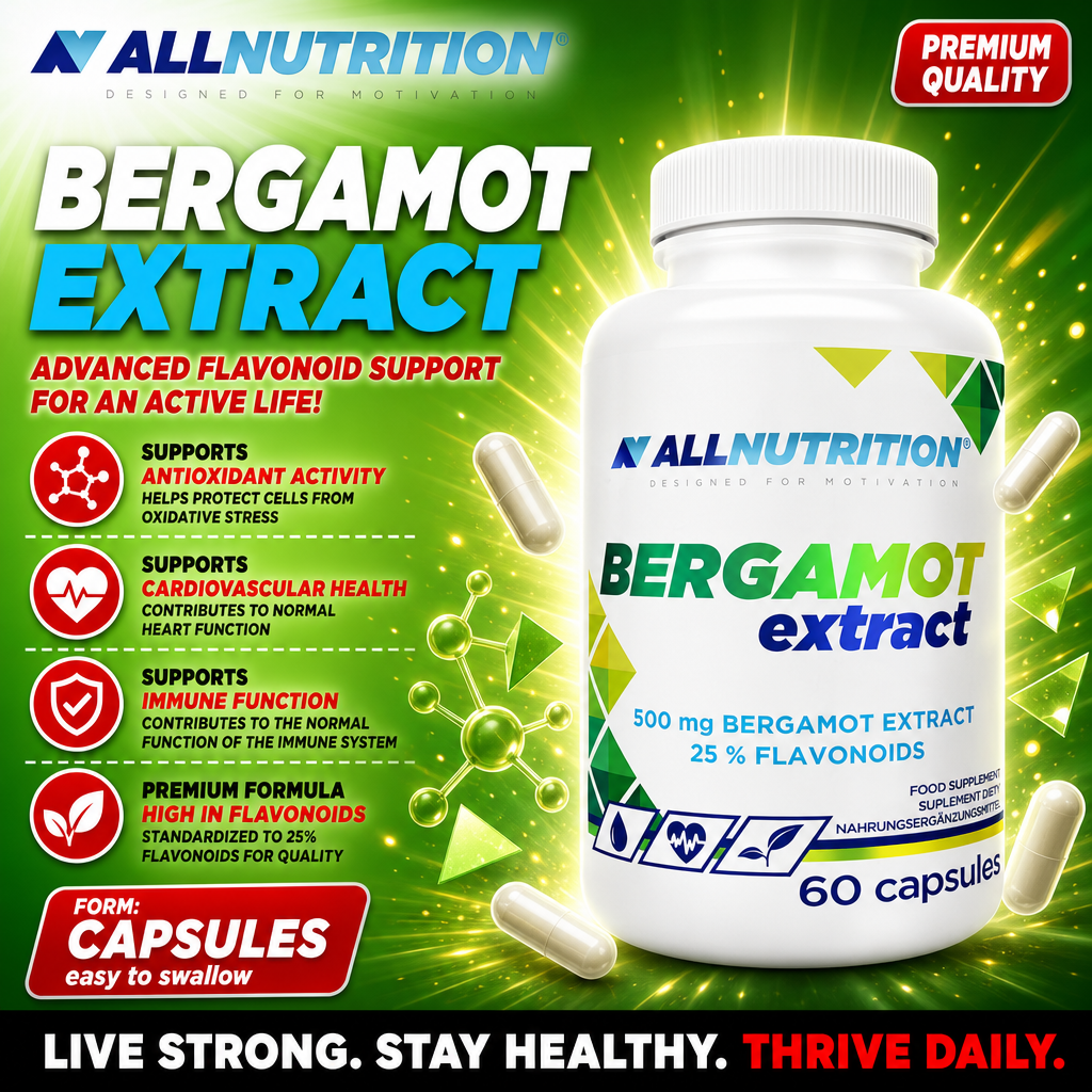 Allnutrition Bergamot Extract 60 capsules dietary supplement with 500 mg bergamot extract and 25% flavonoids, supports antioxidant activity, cardiovascular health, and immune function. Capsule form, predominantly green and white packaging.