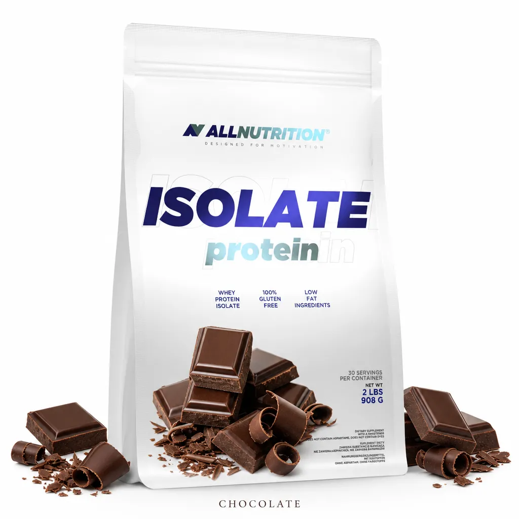 Allnutrition Isolate Protein 908g chocolate flavour whey protein isolate supplement, gluten-free, low fat, with 30 servings per pouch, designed for muscle growth and recovery.