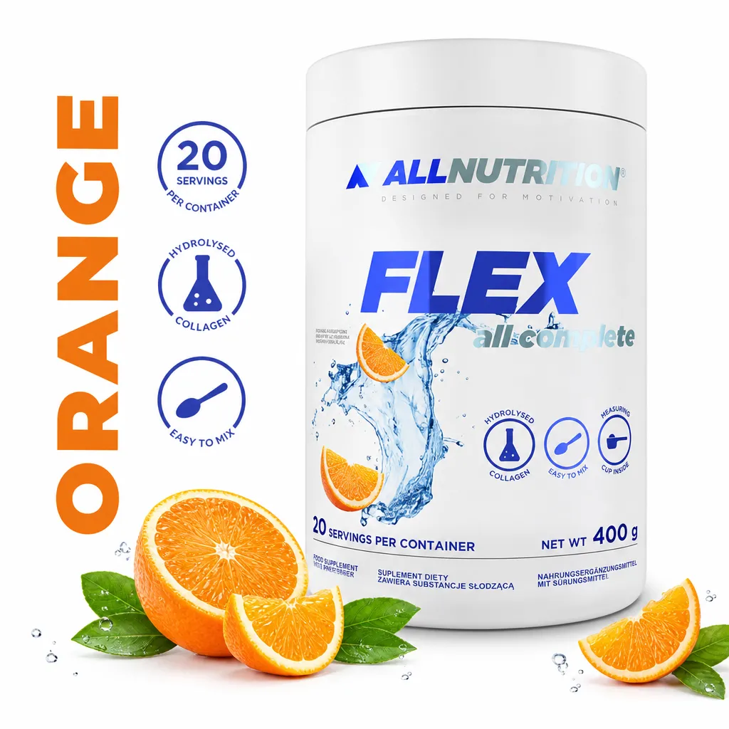 Allnutrition Flex All Complete 400g orange-flavoured joint support powder with hydrolysed collagen, shown in a white 400g tub