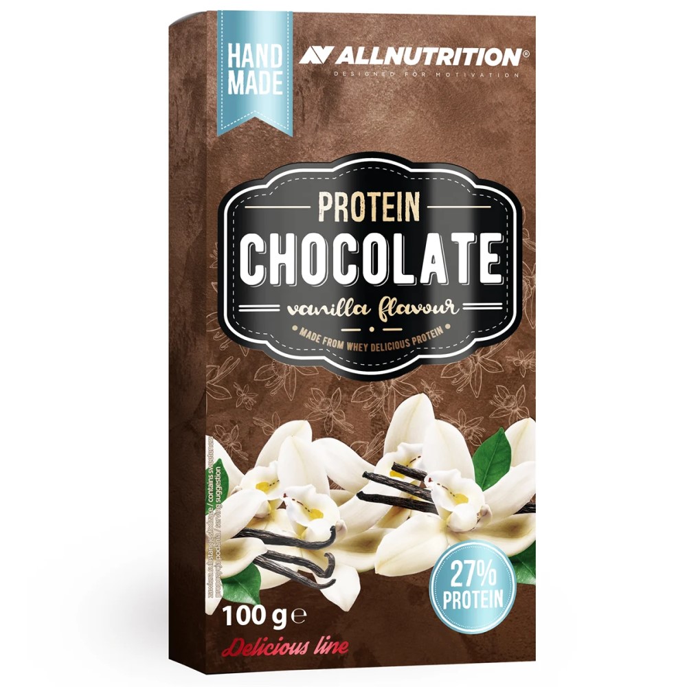 Allnutrition Protein Chocolate vanilla flavour, 100g bar with 27% protein content, handmade and made from whey protein, brown packaging with vanilla flowers.