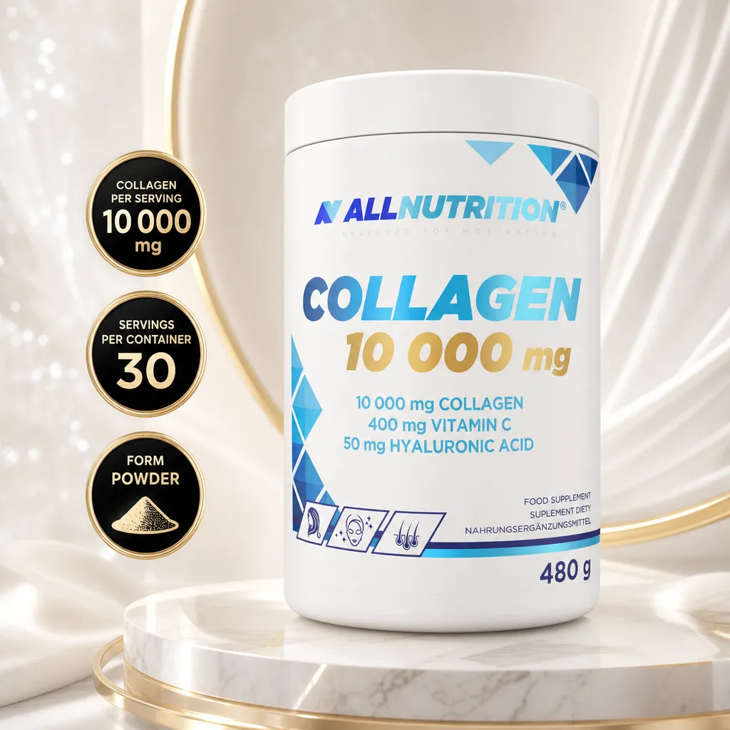 Allnutrition Collagen 10 000mg 480g hydrolysed collagen powder supplement with vitamin C and hyaluronic acid in a white tub